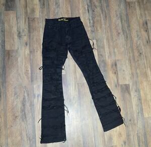 Spark Premium Black Ripped Distressed Flare Fit Stacked Denim Jeans 29x36 Grunge